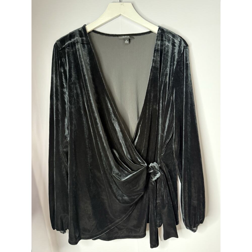Alfani Velvet Wrap Top Womens 2X‎ Gray Black Velvet Holiday Evening Glam Party